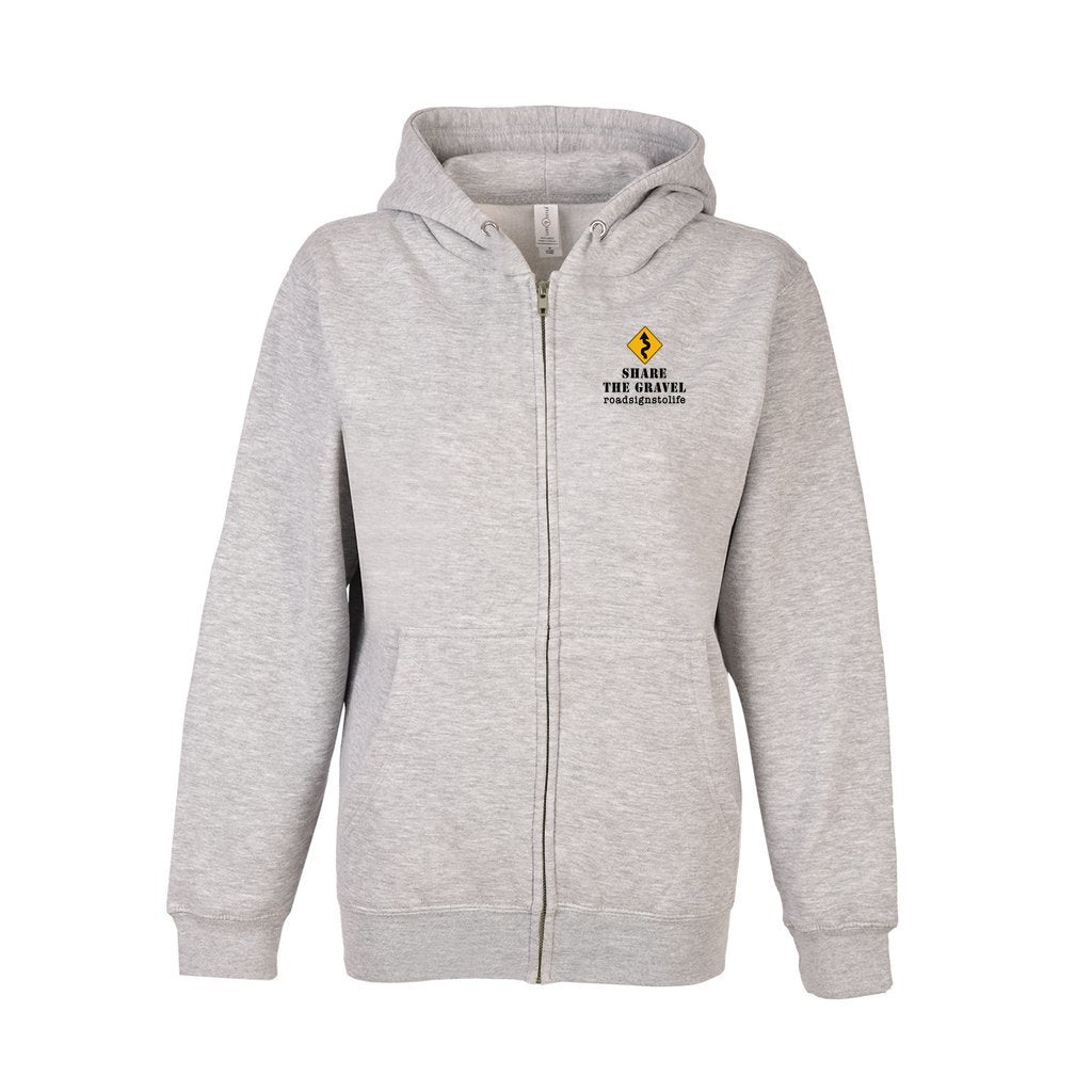 Front of zip-up, fleece-lined hoodie sweatshirt with Road Signs To Life logo, "Share The Gravel" and www.roadsignstolife.com on the upper left. Heather gray.