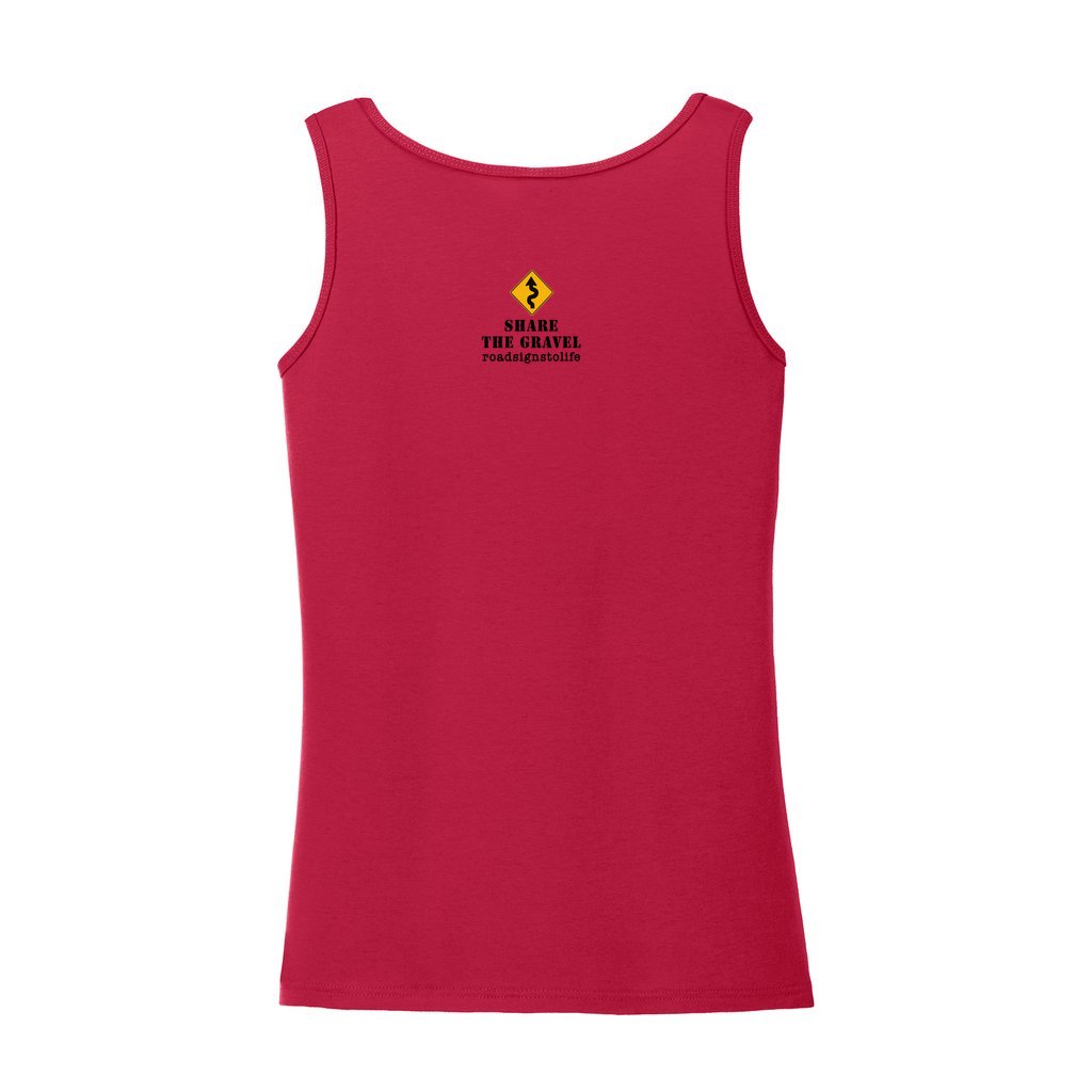 back_20Back - with Road Signs To Life logo, "Share The Gravel" and www.roadsignstolife.com in upper middle. Adult cotton tank top. Red.