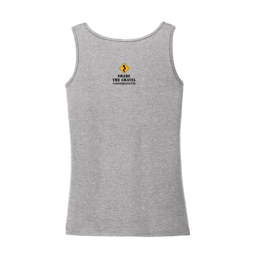 Back - with Road Signs To Life logo, "Share The Gravel" and www.roadsignstolife.com in upper middle. Adult cotton tank top. Heather Gray.