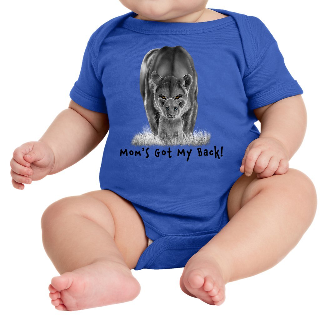 A lioness standing behind her sitting cub, with the words "Mom's Got My Back!" written below it on an infant onesie. Royal Blue.