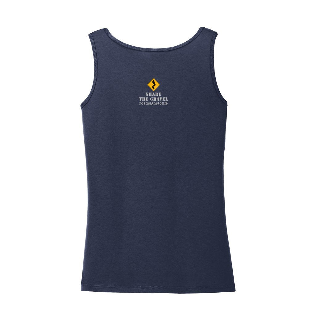 Back - with Road Signs To Life logo, "Share The Gravel" and www.roadsignstolife.com in upper middle. Adult cotton tank top. Navy blue.