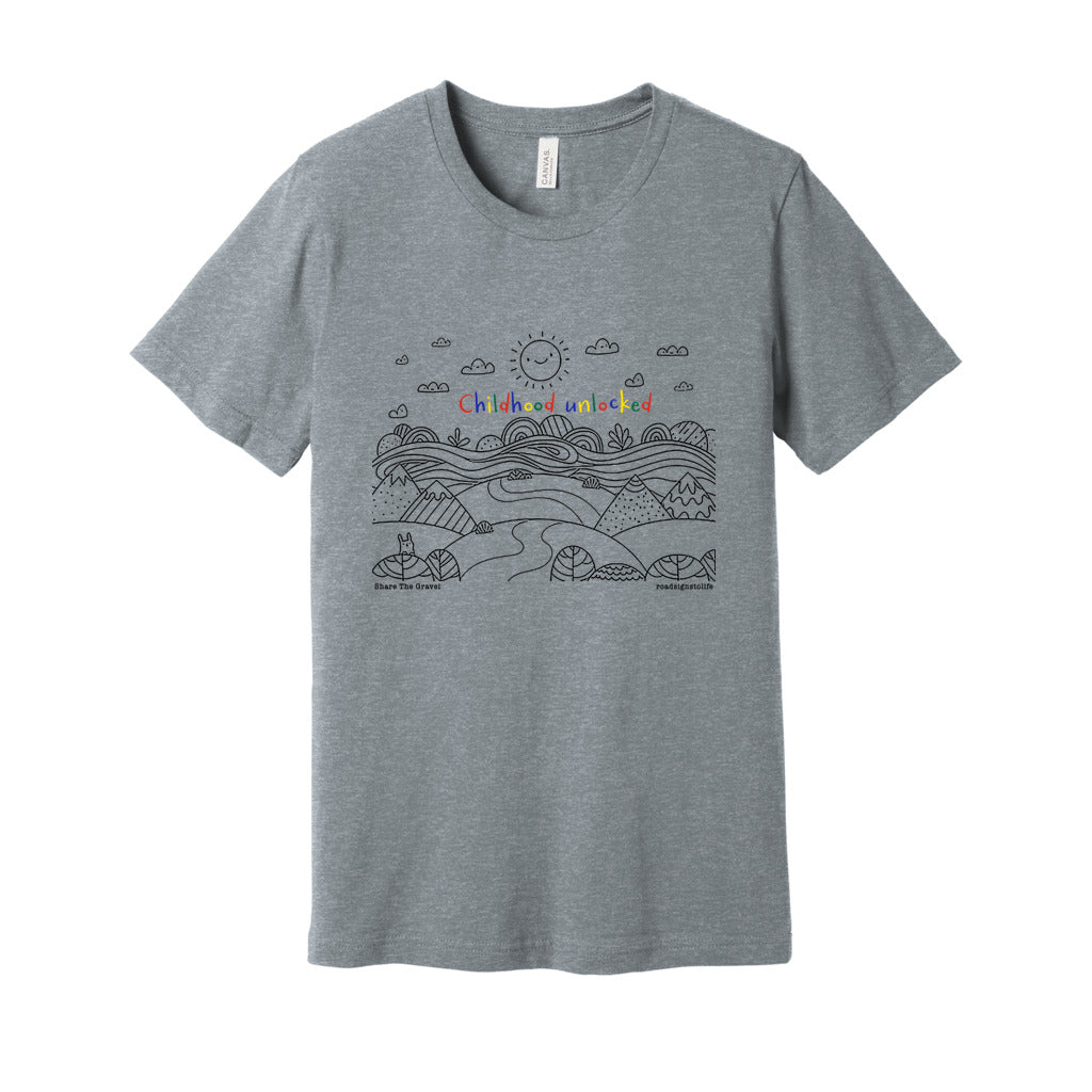 Child's line drawing of mountain range with "Childhood unlocked" written in primary colors. Adult cotton t-shirt. Heather gray.