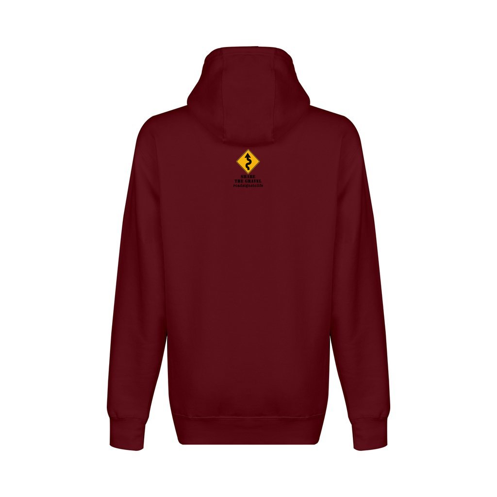 Back - with Road Signs To Life logo, "Share The Gravel" and www.roadsignstolife.com in upper middle. Fleece-lined premium pullover sweatshirt. Burgundy.