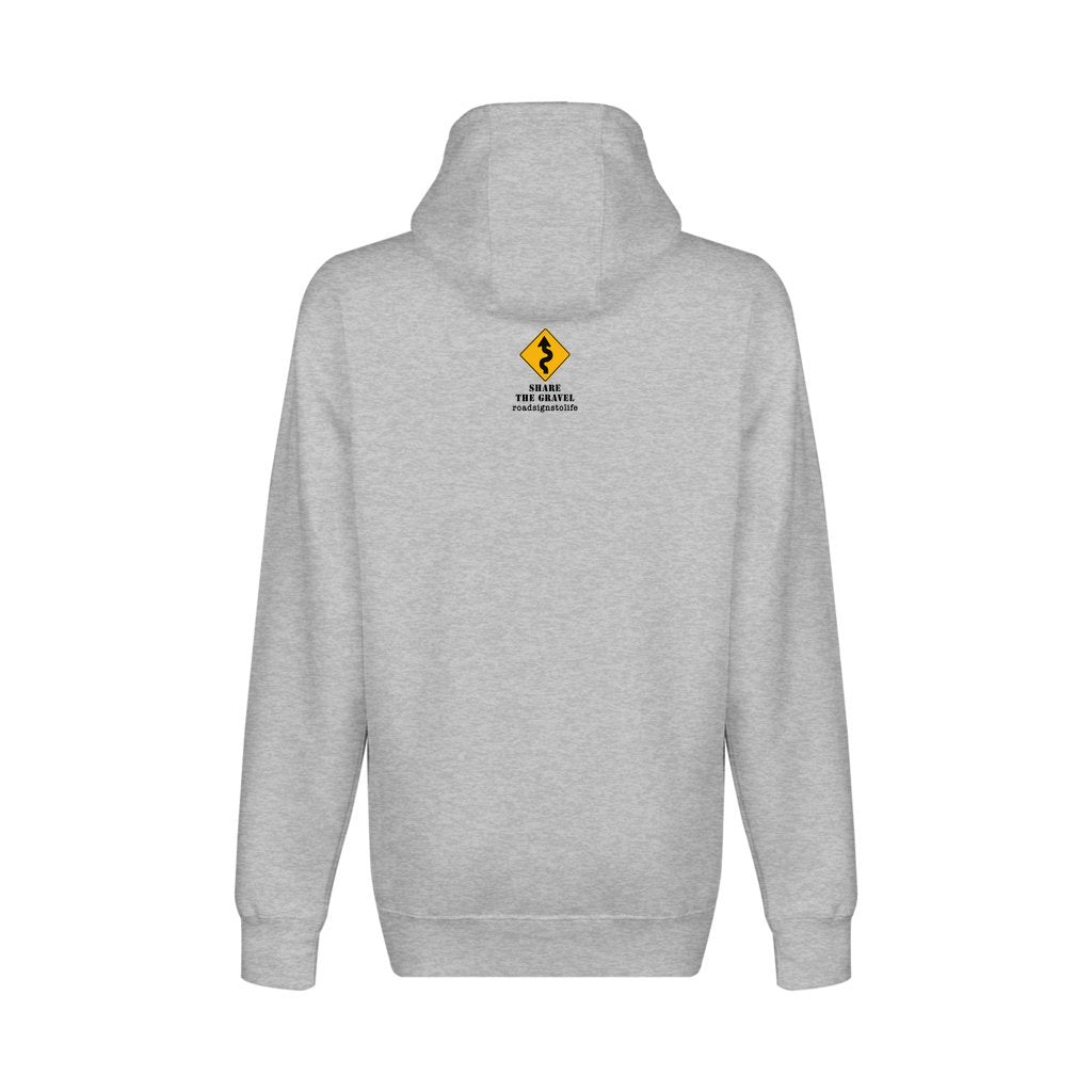 Back - with Road Signs To Life logo, "Share The Gravel" and www.roadsignstolife.com in upper middle. Fleece-lined premium pullover sweatshirt. Heather Gray.