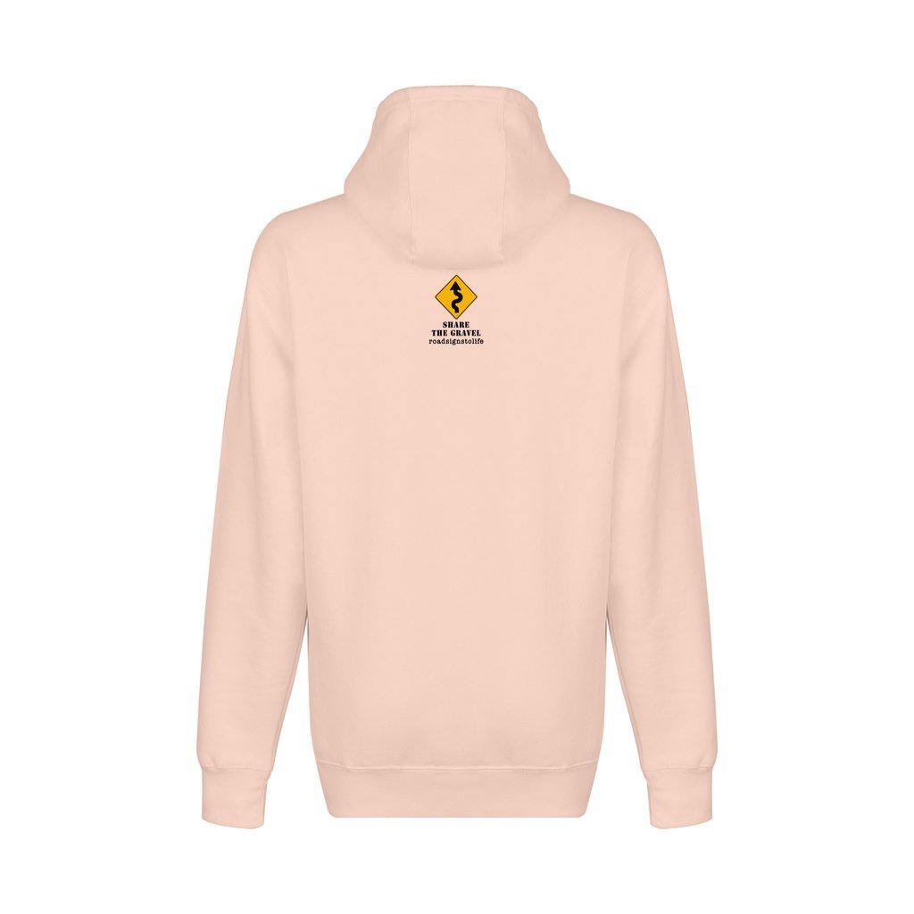 Back - with Road Signs To Life logo, "Share The Gravel" and www.roadsignstolife.com in upper middle. Fleece-lined premium pullover sweatshirt. Light Pink.