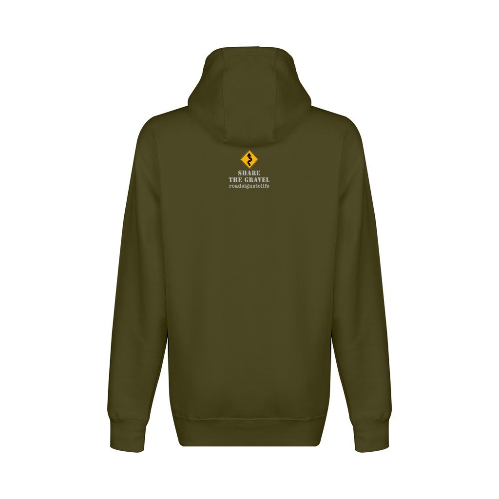 Back - with Road Signs To Life logo, "Share The Gravel" and www.roadsignstolife.com in upper middle. Fleece-lined premium pullover sweatshirt. Army green.