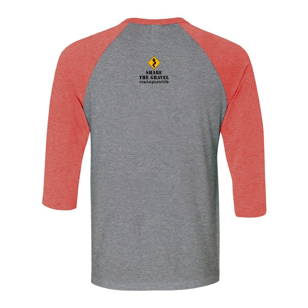 Back of shirt with Road Signs To Life logo, "Share The Gravel" and www.roadsignstolife.com in upper middle. Cotton raglan jersey baseball tee. Adult t-shirt with 3/4 sleeves. Heather gray shirt with red triblend sleeves and collar.