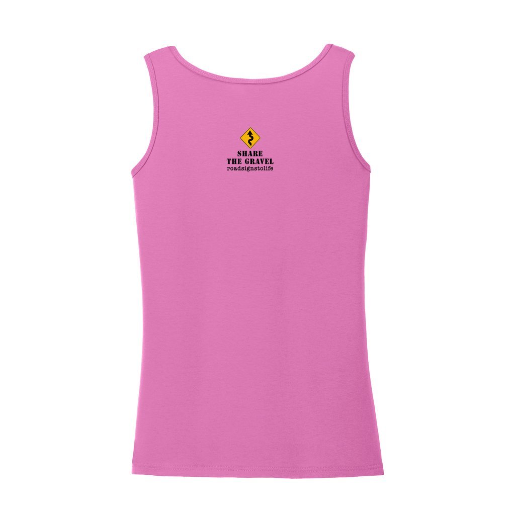 Back - with Road Signs To Life logo, "Share The Gravel" and www.roadsignstolife.com in upper middle. Adult cotton tank top. Azalea pink.
