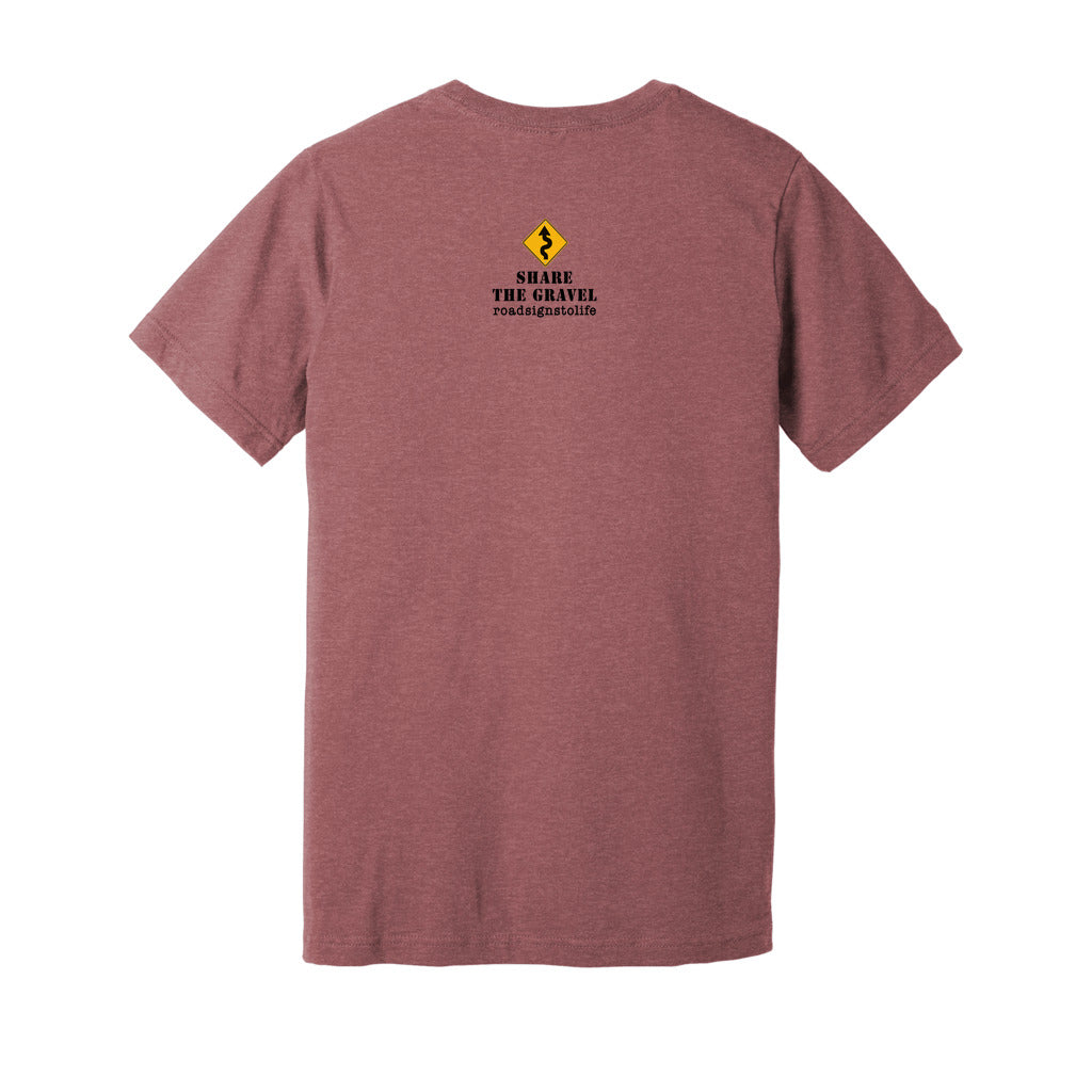Back - with Road Signs To Life logo, "Share The Gravel" and www.roadsignstolife.com in upper middle. Adult cotton T-shirt. Heather Mauve.