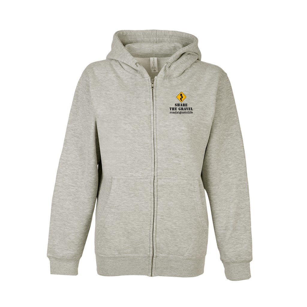 Front of zip-up fleece-lined sweatshirt with Road Signs To Life logo, "Share The Gravel" and www.roadsignstolife.com on the upper left. Oatmeal Heather.