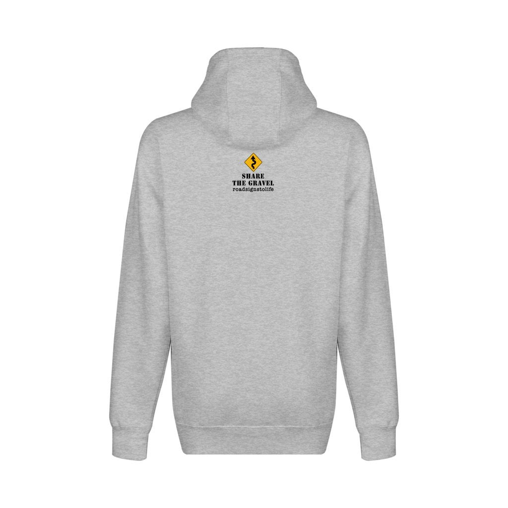 Back - with Road Signs To Life logo, "Share The Gravel" and www.roadsignstolife.com in upper middle. Fleece-lined premium pullover sweatshirt. Heather Gray.