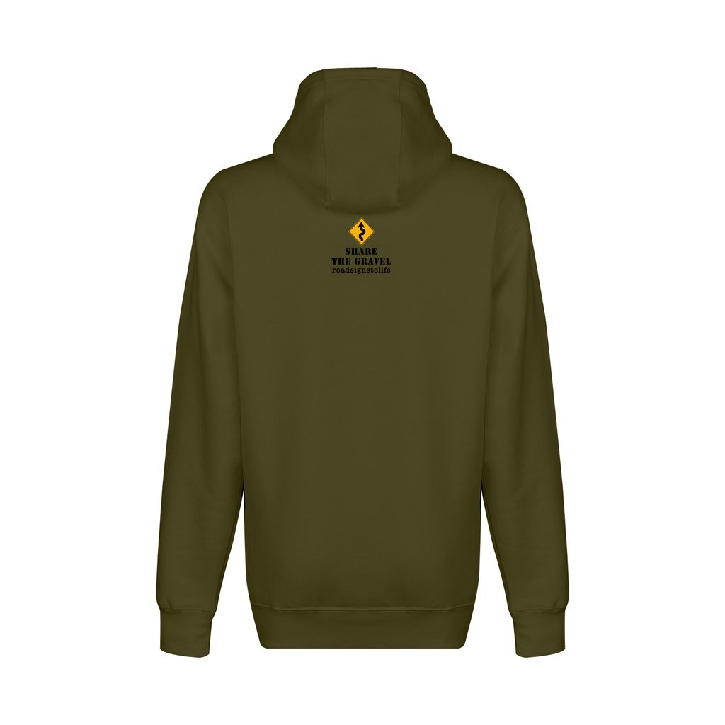 Back - with Road Signs To Life logo, "Share The Gravel" and www.roadsignstolife.com in upper middle. Fleece-lined premium pullover sweatshirt. Army green.