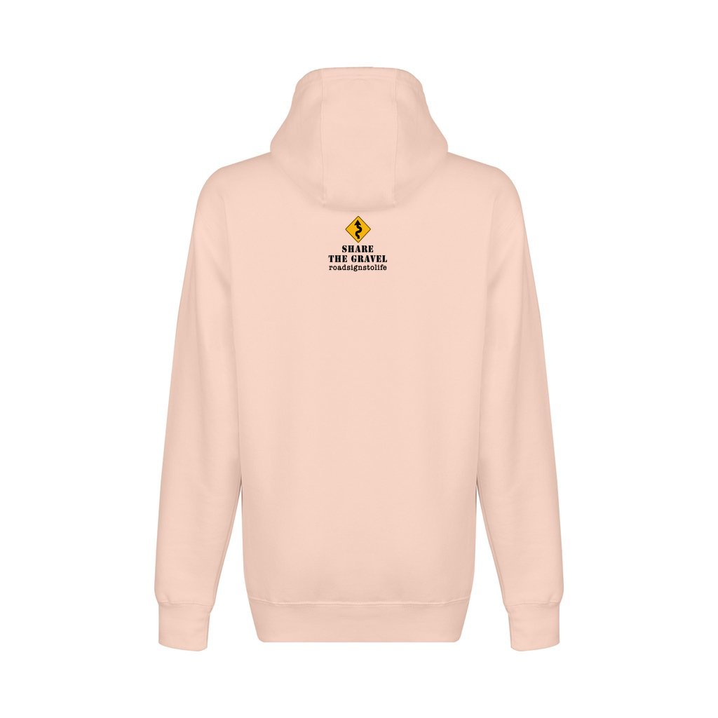 Back - with Road Signs To Life logo, "Share The Gravel" and www.roadsignstolife.com in upper middle. Fleece-lined premium pullover sweatshirt. Light Pink.