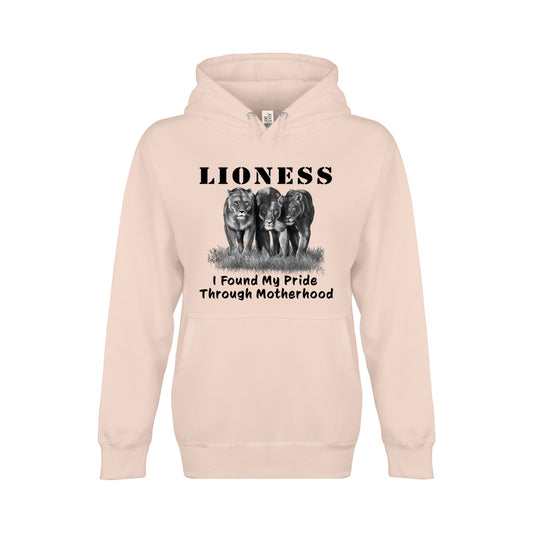 On the front - "Lioness" written above three female lions, with "I Found My Pride Through Motherhood" written below. Fleece-lined premium pullover sweatshirt, with kangaroo pouch pocket. Light Pink.