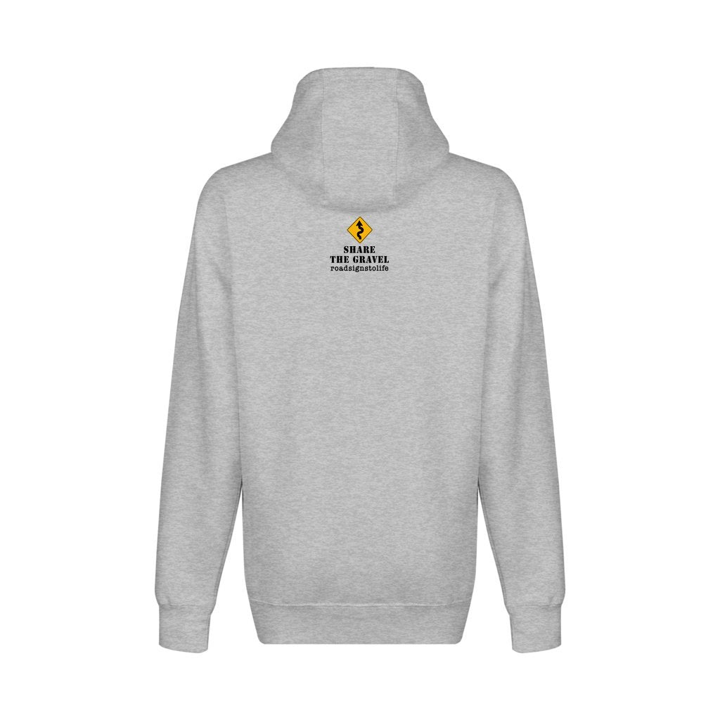 Back - with Road Signs To Life logo, "Share The Gravel" and www.roadsignstolife.com in upper middle. Fleece-lined premium pullover sweatshirt. Heather gray.
