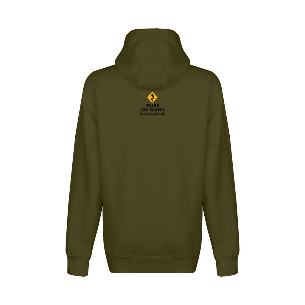 Back - with Road Signs To Life logo, "Share The Gravel" and www.roadsignstolife.com in upper middle. Fleece-lined premium pullover sweatshirt. Army green.