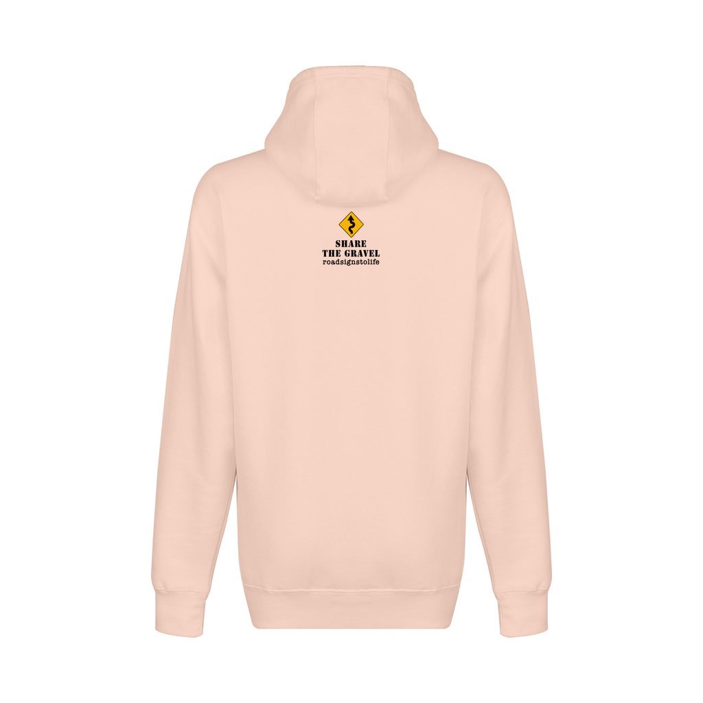 Back - with Road Signs To Life logo, "Share The Gravel" and www.roadsignstolife.com in upper middle. Fleece-lined premium pullover sweatshirt. Light pink.