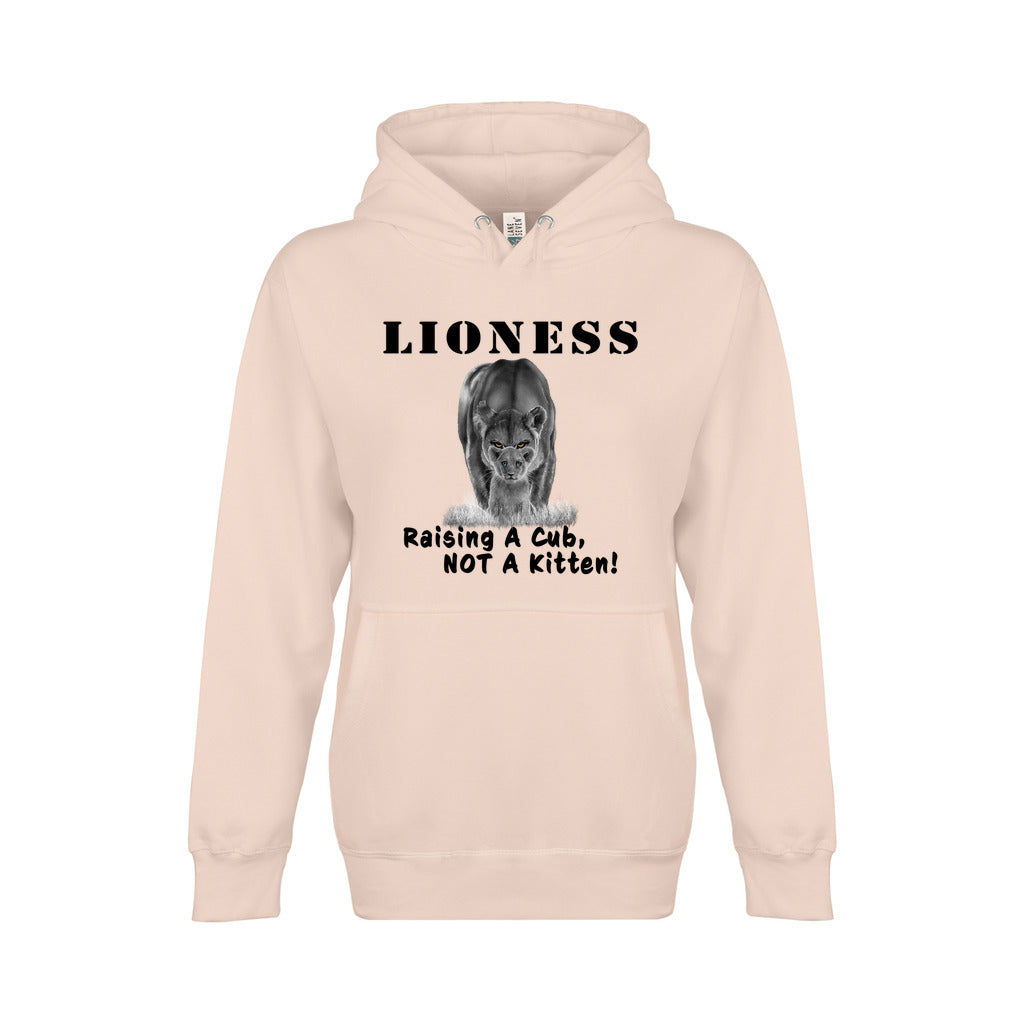 On the front - "Lioness" written above an adult female lion with her cub sitting in front of her, with "Raising A Cub, NOT A Kitten" written below. Fleece-lined premium pullover sweatshirt, with kangaroo pouch pocket. Light pink.