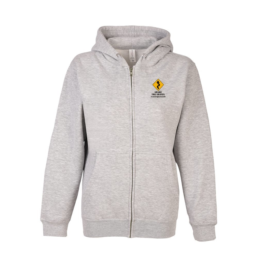 Front of zip-up, fleece-lined hoodie sweatshirt with Road Signs To Life logo, "Share The Gravel" and www.roadsignstolife.com on the upper left. Heather Gray.