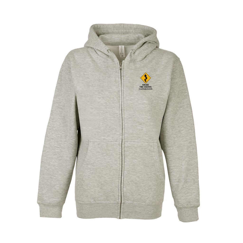 Front of zip-up, fleece-lined hoodie sweatshirt with Road Signs To Life logo, "Share The Gravel" and www.roadsignstolife.com on the upper left. Oatmeal Heather.