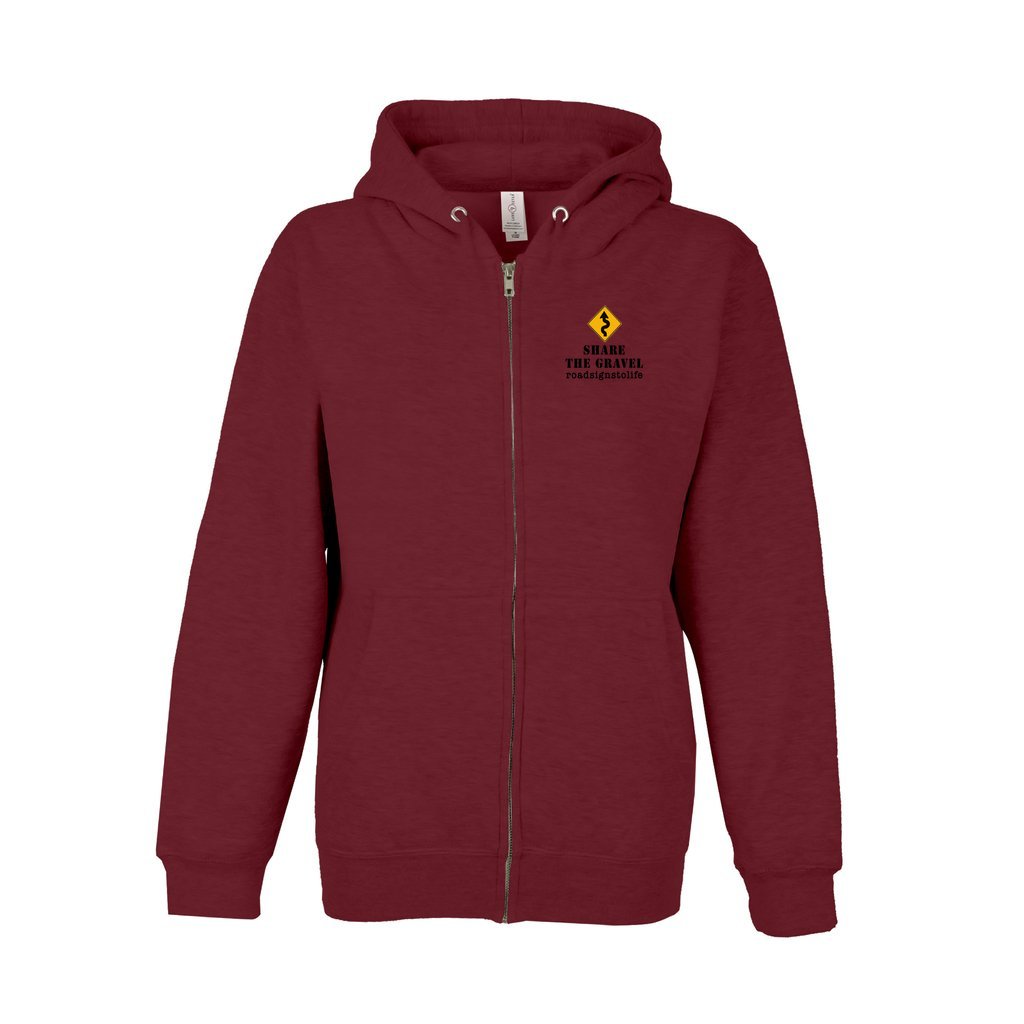 Front of zip-up, fleece-lined hoodie sweatshirt with Road Signs To Life logo, "Share The Gravel" and www.roadsignstolife.com on the upper left. Burgundy.