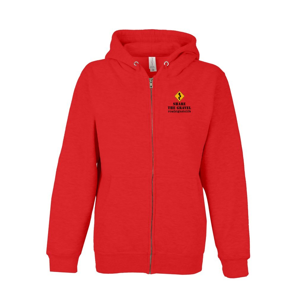 Front of zip-up, fleece-lined hoodie sweatshirt with Road Signs To Life logo, "Share The Gravel" and www.roadsignstolife.com on the upper left. Red.