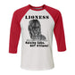 "Lioness" written above an adult female lion with her two cubs sitting in front of her, with "Raising Cubs, NOT Kittens!" written below. Cotton raglan jersey baseball tee. Adult t-shirt with 3/4 sleeves. White shirt with red sleeves and collar.