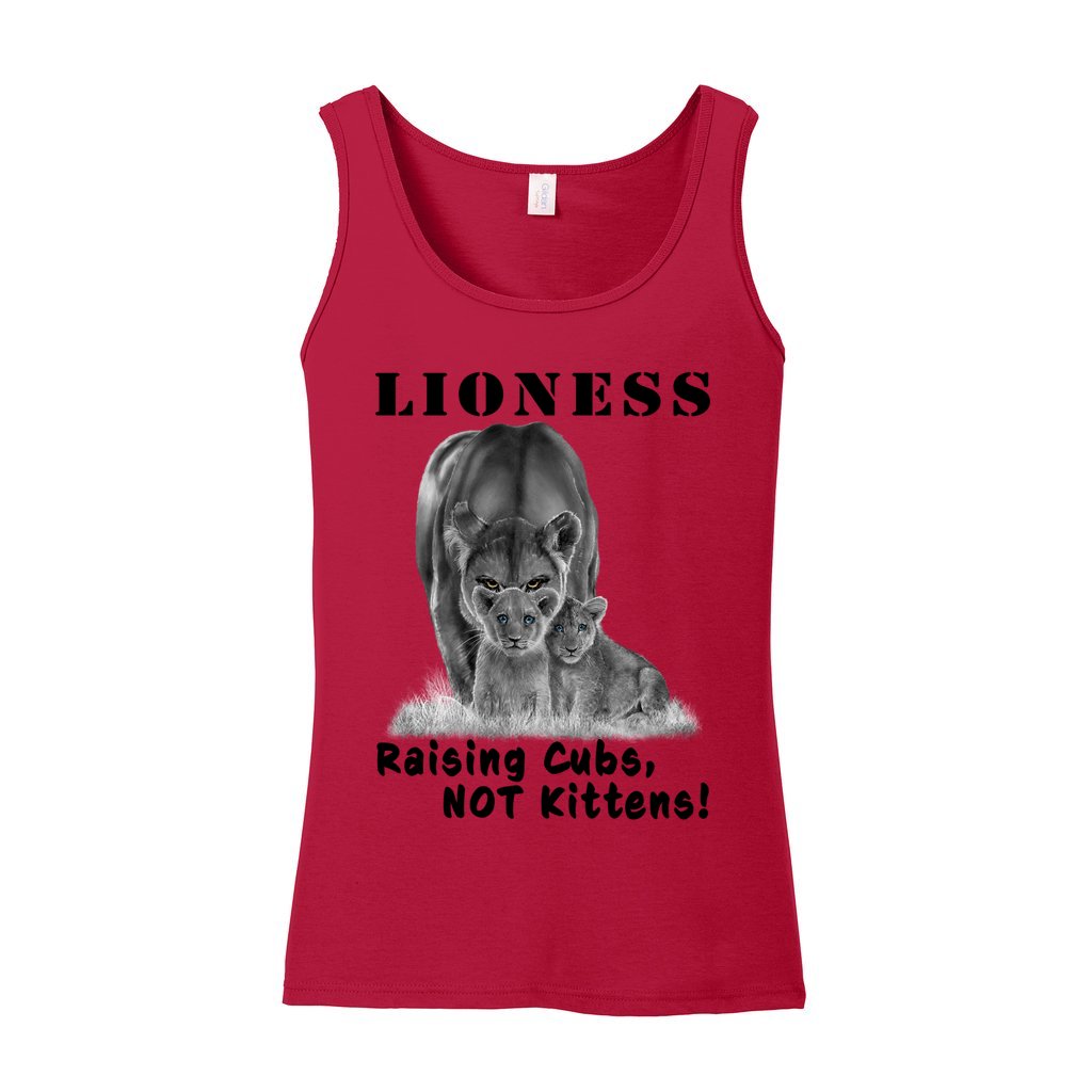 "Lioness" written above an adult female lion with her two cubs sitting in front of her, with "Raising Cubs, NOT Kittens!" written below. Adult cotton tank top. Red.