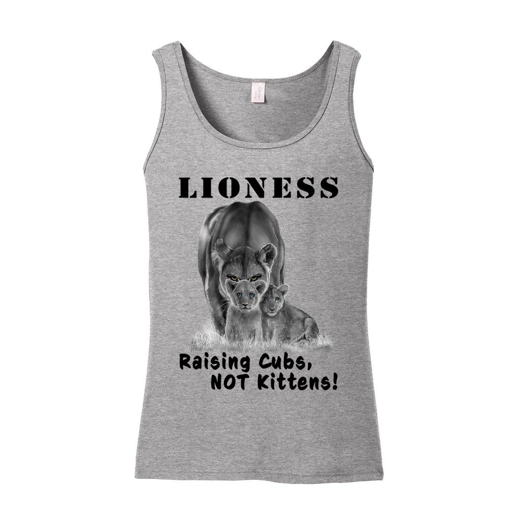 "Lioness" written above an adult female lion with her two cubs sitting in front of her, with "Raising Cubs, NOT Kittens!" written below. Adult cotton tank top. Heather Gray.