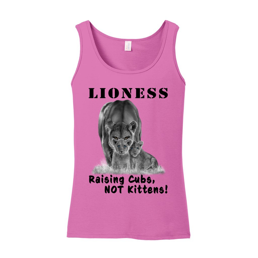"Lioness" written above an adult female lion with her two cubs sitting in front of her, with "Raising Cubs, NOT Kittens!" written below. Adult cotton tank top. Azalea Pink.