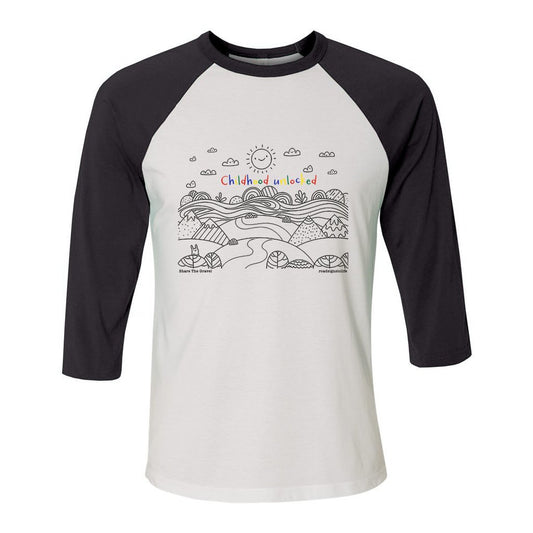 Child's line drawing of mountain range with "Childhood unlocked" written in primary colors. Cotton raglan jersey baseball tee. Adult t-shirt with 3/4 sleeves. White shirt with black sleeves and collar.