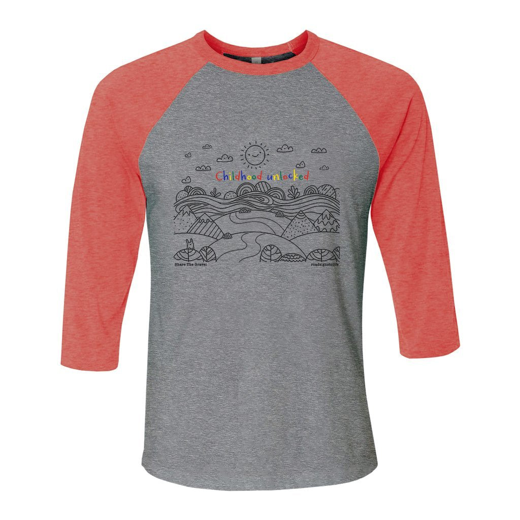 Child's line drawing of mountain range with "Childhood unlocked" written in primary colors. Cotton raglan jersey baseball tee. Adult t-shirt with 3/4 sleeves. Heather gray shirt with red sleeves and collar.