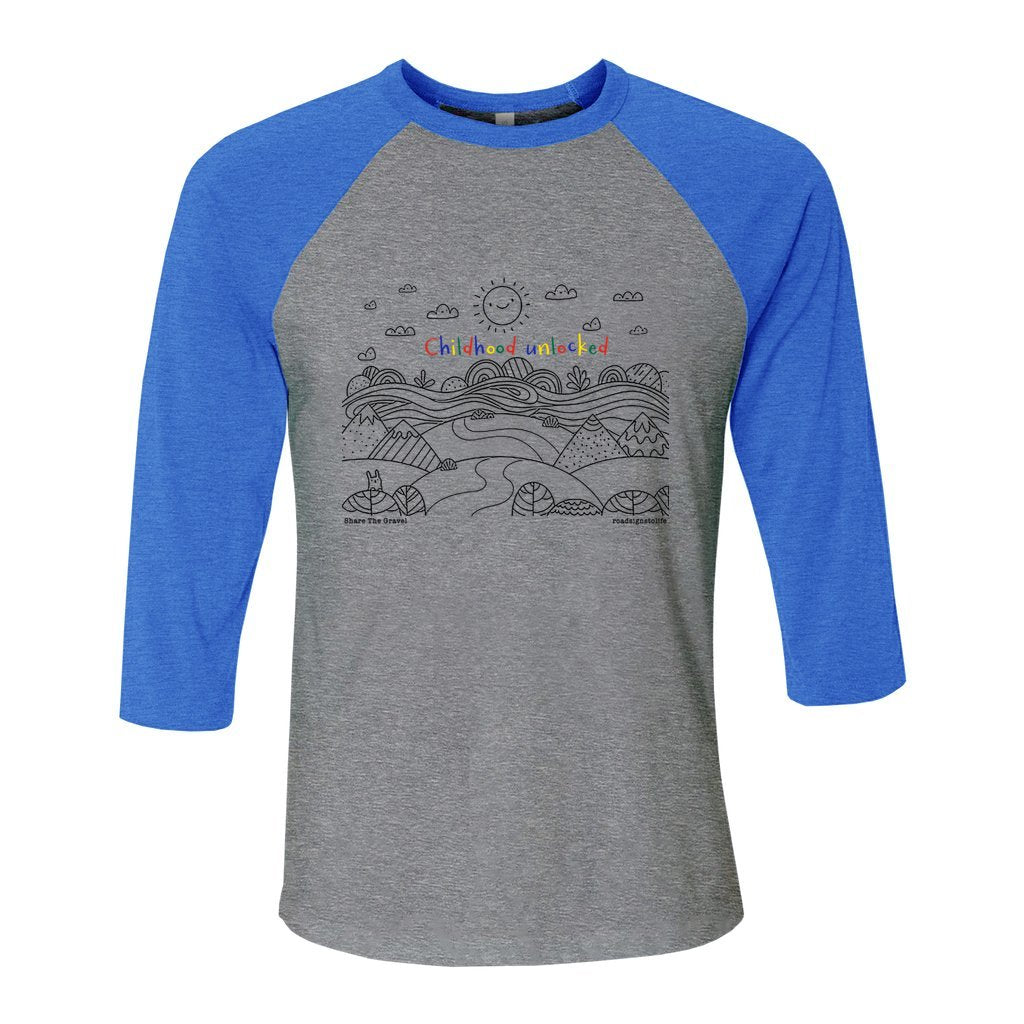Child's line drawing of mountain range with "Childhood unlocked" written in primary colors. Cotton raglan jersey baseball tee. Adult t-shirt with 3/4 sleeves. Heather gray shirt with blue sleeves and collar.