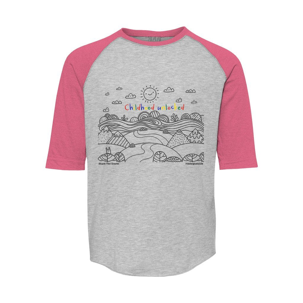 Childhood unlocked raglan baseball tee t-shirt 3/4 sleeves youth pink and grayChild's line drawing of mountain range with "Childhood unlocked" written in primary colors. Cotton raglan jersey baseball tee. Youth t-shirt with 3/4 sleeves. Heather gray shirt with pink sleeves and collar.
