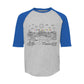 Child's line drawing of mountain range with "Childhood unlocked" written in primary colors. Cotton raglan jersey baseball tee. Youth t-shirt with 3/4 sleeves. Heather gray shirt with blue sleeves and collar.