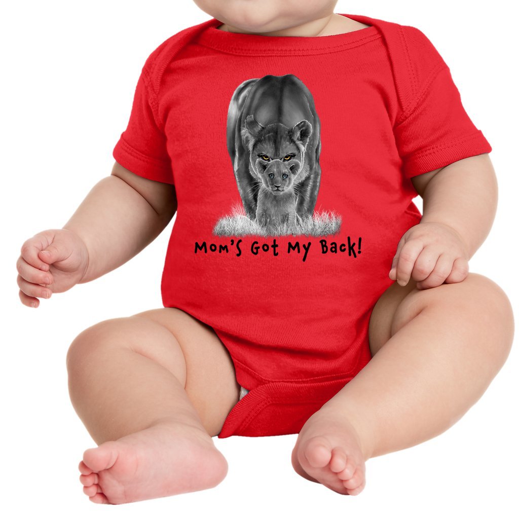 A lioness standing behind her sitting cub, with the words "Mom's Got My Back!" written below it on an infant onesie. Red.
