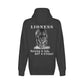 On the back - "Lioness" written above an adult female lion with her cub sitting in front of her, with "Raising A Cub, NOT A Kitten" written below. Fleece-lined, full zip-up hoodie sweatshirt. Charcoal gray.