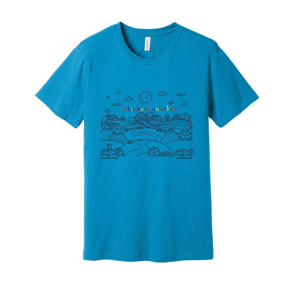 Child's line drawing of mountain range with "Childhood unlocked" written in primary colors. Adult cotton t-shirt. Aqua blue.