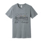 Child's line drawing of mountain range with "Childhood unlocked" written in primary colors. Adult cotton t-shirt. Heather gray.