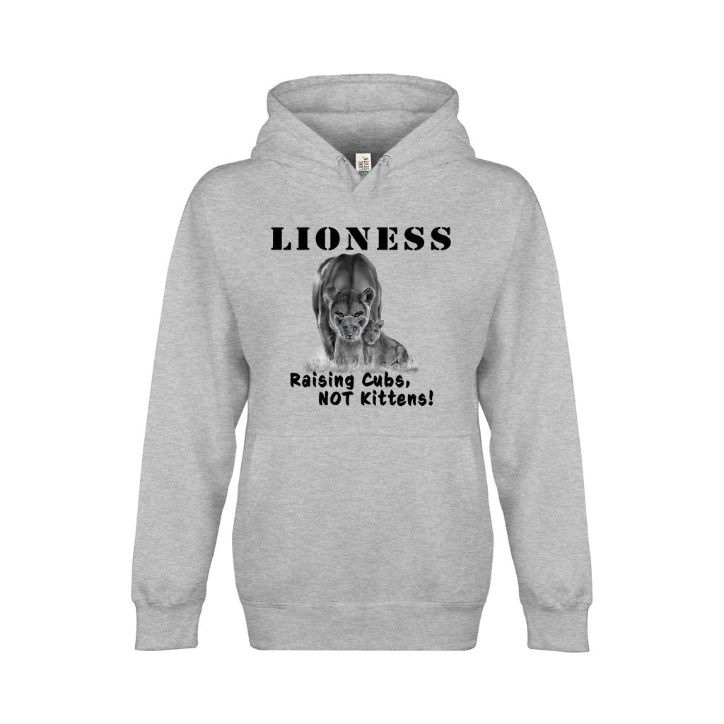 On the front - "Lioness" written above an adult female lion with her two cubs sitting in front of her, with "Raising Cubs, NOT Kittens" written below. Fleece-lined premium pullover sweatshirt, with kangaroo pouch pocket. Heather Gray.