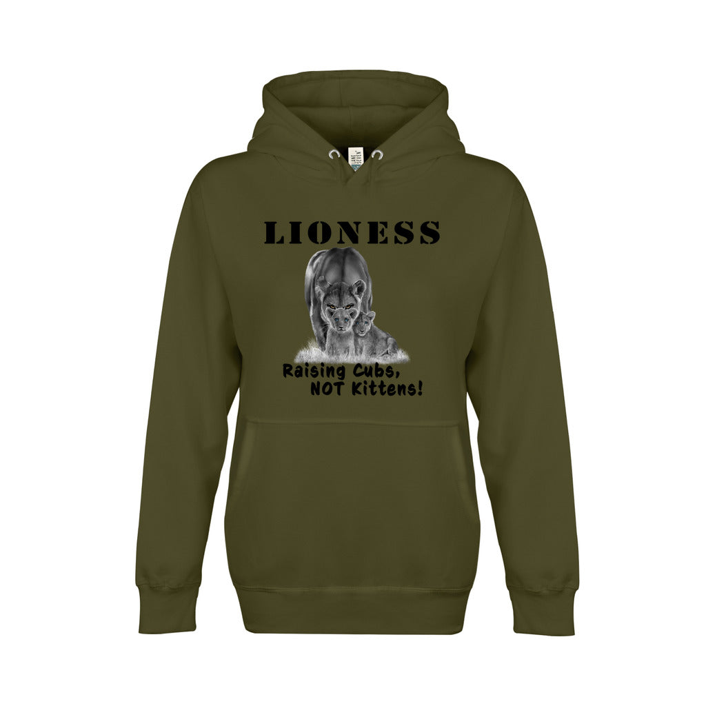 On the front - "Lioness" written above an adult female lion with her two cubs sitting in front of her, with "Raising Cubs, NOT Kittens" written below. Fleece-lined premium pullover sweatshirt, with kangaroo pouch pocket. Army Green.