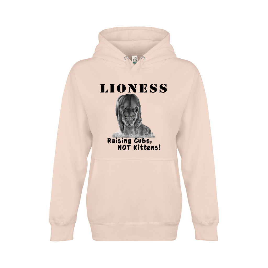 On the front - "Lioness" written above an adult female lion with her two cubs sitting in front of her, with "Raising Cubs, NOT Kittens" written below. Fleece-lined premium pullover sweatshirt, with kangaroo pouch pocket. Light Pink.
