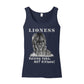 "Lioness" written above an adult female lion with her two cubs sitting in front of her, with "Raising Cubs, NOT Kittens!" written below. Adult cotton tank top. Navy Blue.