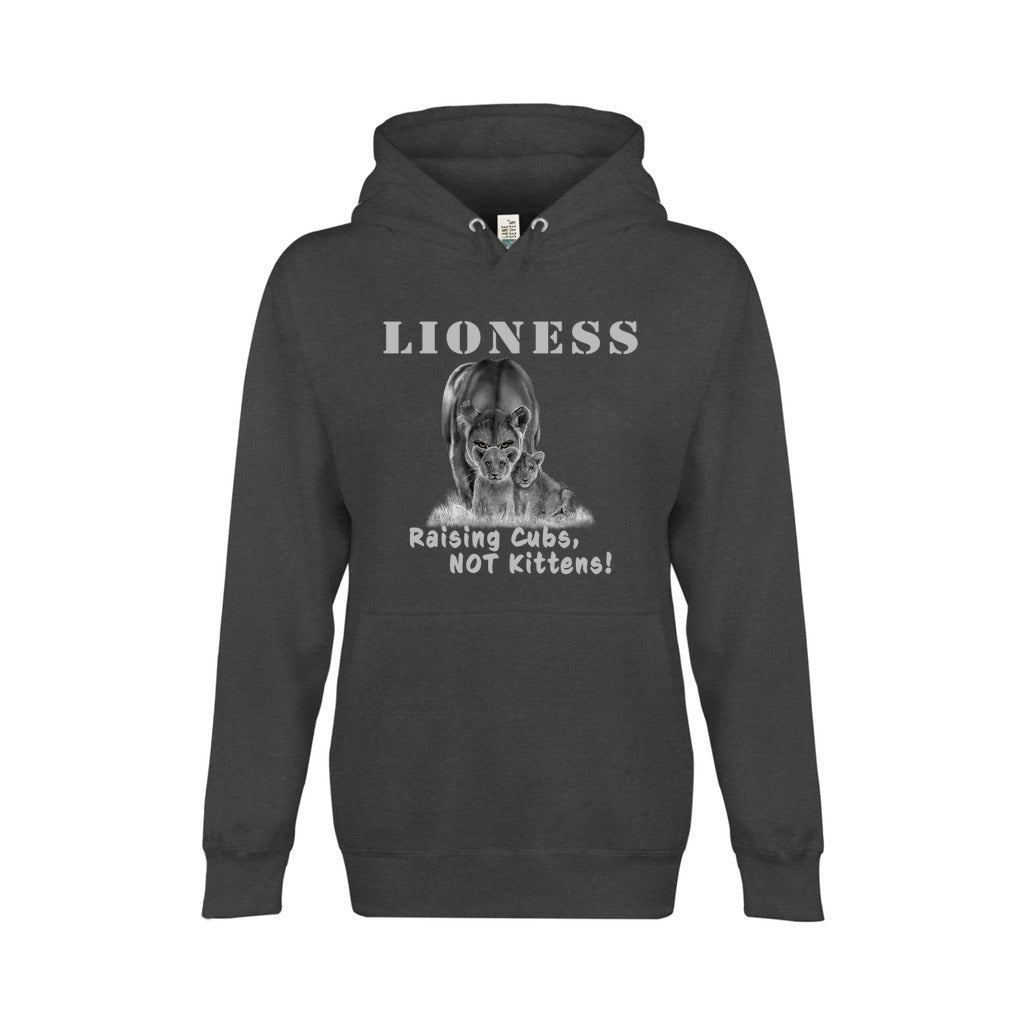 On the front - "Lioness" written above an adult female lion with her two cubs sitting in front of her, with "Raising Cubs, NOT Kittens" written below. Fleece-lined premium pullover sweatshirt, with kangaroo pouch pocket. Charcoal Heather Gray.