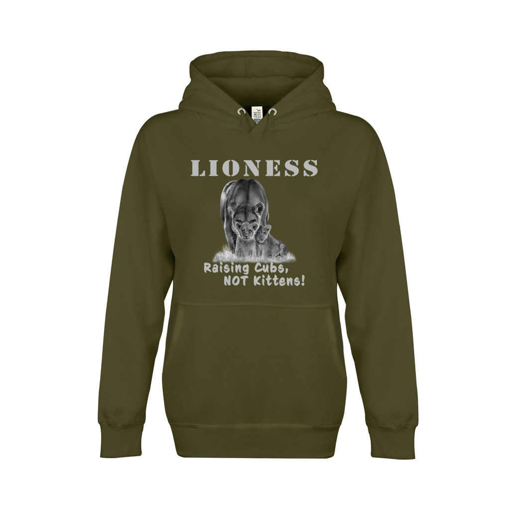 On the front - "Lioness" written above an adult female lion with her two cubs sitting in front of her, with "Raising Cubs, NOT Kittens" written below. Fleece-lined premium pullover sweatshirt, with kangaroo pouch pocket. Army Green.