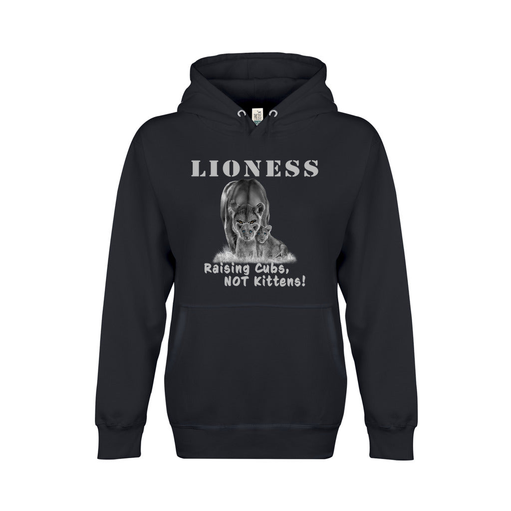 On the front - "Lioness" written above an adult female lion with her two cubs sitting in front of her, with "Raising Cubs, NOT Kittens" written below. Fleece-lined premium pullover sweatshirt, with kangaroo pouch pocket. Navy Blue.