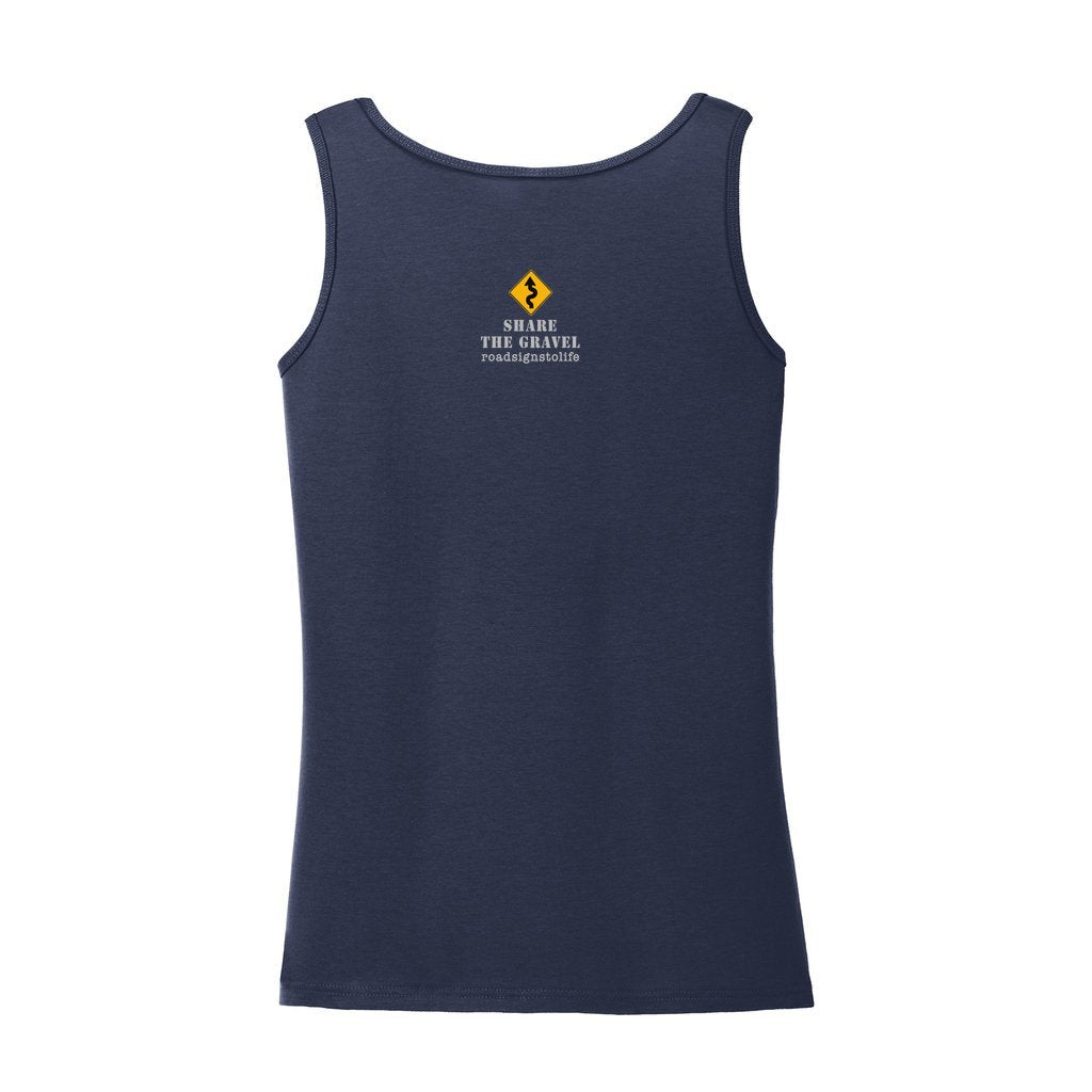Back - with Road Signs To Life logo, "Share The Gravel" and www.roadsignstolife.com in upper middle. Adult cotton tank top. Navy Blue.