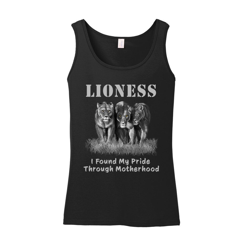 "Lioness" written above three female lions, with "I Found My Pride Through Motherhood" written below.  Adult cotton tank top. Black.