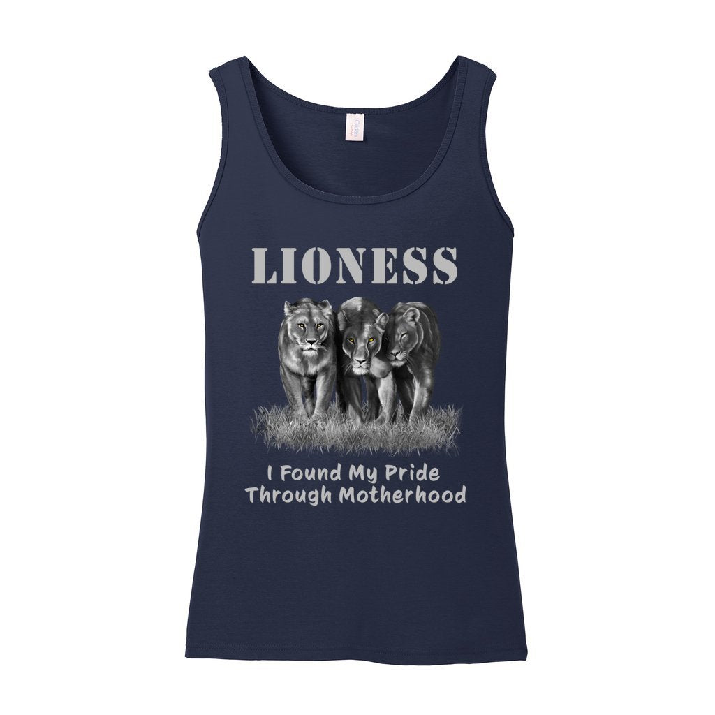 "Lioness" written above three female lions, with "I Found My Pride Through Motherhood" written below.  Adult cotton tank top. Navy Blue.