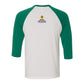 Back of shirt with Road Signs To Life logo, "Share The Gravel" and www.roadsignstolife.com in upper middle. Cotton raglan jersey baseball tee. Adult t-shirt with 3/4 sleeves. White shirt with kelly green sleeves and collar.